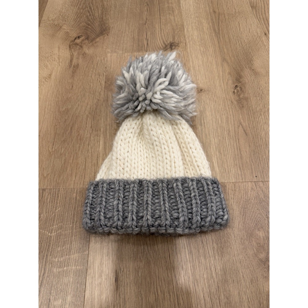 Gelso Bianco Gray Cream Chunky Knit Pom Pom Beanie Hat Alpaca Wool Italy